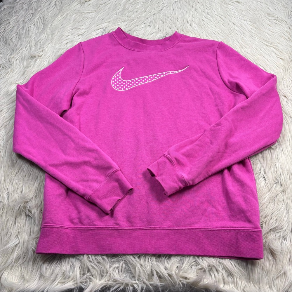 Nike Women's M Pink Check Swoosh Crew Sweatshirt Barbie Dopamine Athleisure